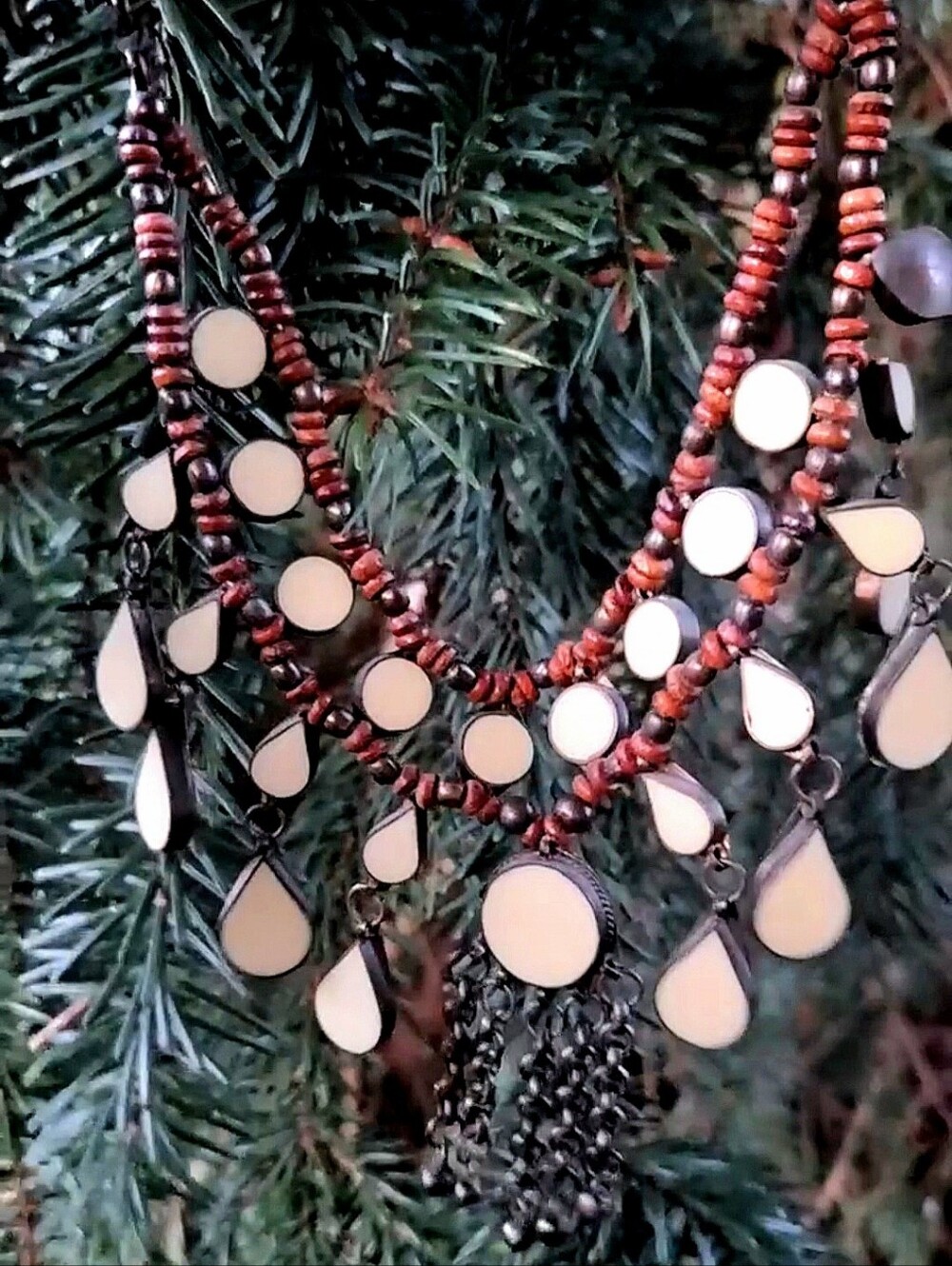 Boho Bib Necklace with Copper Teardrop Drops – Beaded Artisan Statement